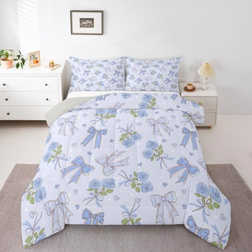 Castle Fairy Blue Bowknot Comforter Set King Size,Dreamy Princess Style Down Alternative Adults Bedroom Decor,Retro Blue Rose Farmhouse Ultra Soft Microfiber Inner Fill 3 Pcs Bedding