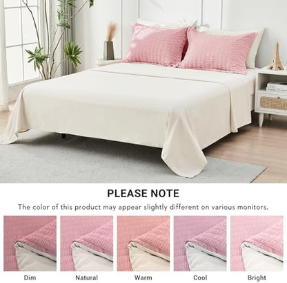 HYMOKEGE Pink/Ivory Queen Comforter Set Seersucker 7 Pieces, All Season Luxury Bed in a Bag Queen for Bedroom, Bedding Set with Comforter, Sheets, Pillowcases & Shams