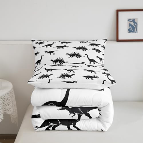 Erosebridal Dinosaur Down Comforter Dino Silhouettes Bedding Set King Size, Wildlife Animals Black White Comforter Sets for Kids Boys Teens Adult Bedroom, Dinosaurs Comforter with 2 Pillow Cases