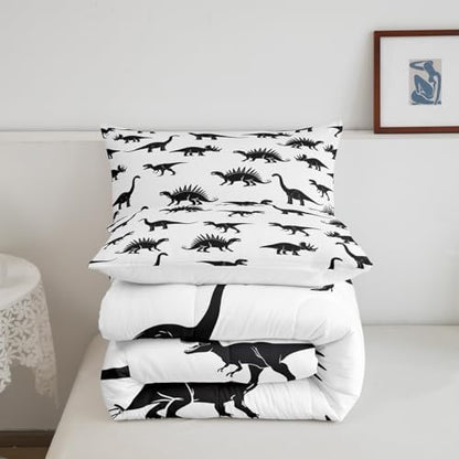 Erosebridal Dinosaur Down Comforter Dino Silhouettes Bedding Set King Size, Wildlife Animals Black White Comforter Sets for Kids Boys Teens Adult Bedroom, Dinosaurs Comforter with 2 Pillow Cases