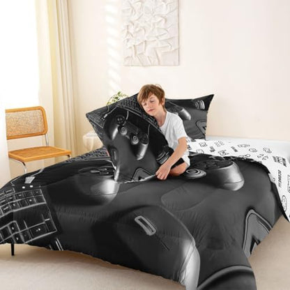 Feelyou Gamer Comforter Set King Size Gaming Bedding Set for Kids Boys Girls Game Room Decor Duvet Quilt Gamepad Bedroom Decor Black Microfiber 3 Pcs with 2 Pillow Cases