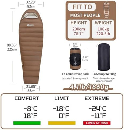 0 Degree Down Sleeping Bag for Adults,Cold Weather Backpacking
