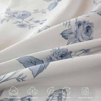OAITE Queen Duvet Cover Set 3pcs 100% Cotton Vintage Blue Rose Floral