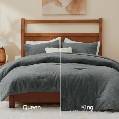 BEDELITE Faux Fur King Comforter Set Dark Grey,Warm Comforter for Winter