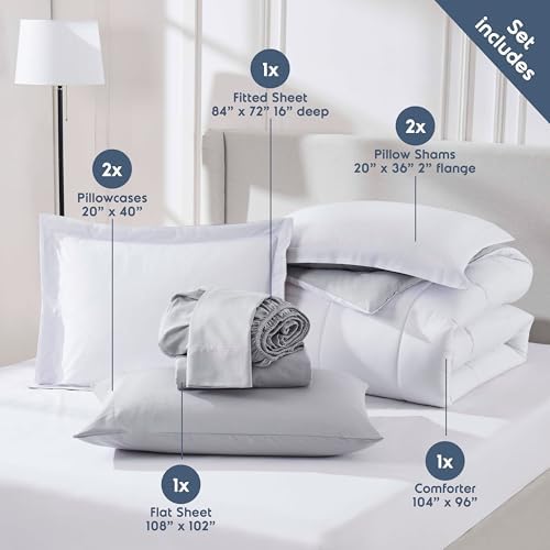 Nestl 9 Piece California King Comforter Set – White Reversible Bed in a Bag – Complete Cal King Size Bedding Set with Sheets, Set of 2 Down Alternative Pillows, Pillowcases and Shams