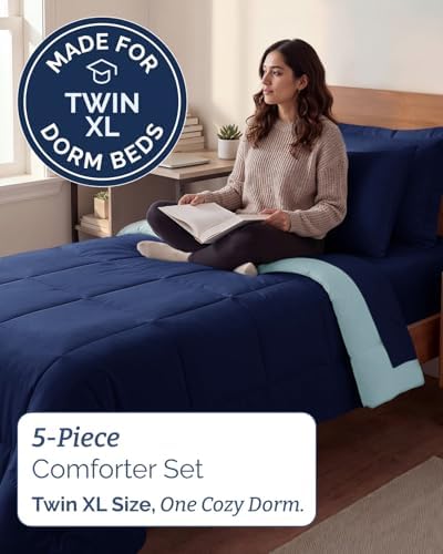 Twin XL Comforter Set - 5 Pc Reversible Bed in a Bag - Navy Blue/Sky Blue