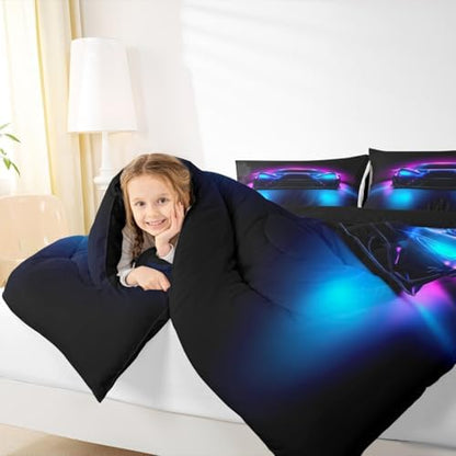 Boys Sports Car Comforter,Cool Blue Purple Race Car Bedding Set Twin Size for Kids Boys Girls Teens,3D Racing Cars Bedding Comforter Sets,Extreme Sports Theme Quilt Racing Games Race Cars Room Decor