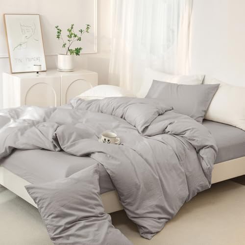JIYUAN King Washed Cotton Duvet Cover Set, 3-Piece, Relaxed Linen Feel