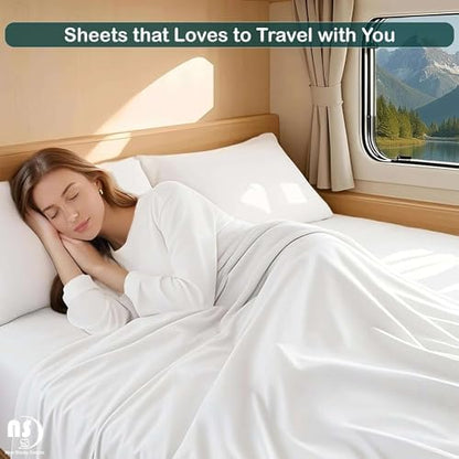 RV Short Queen Sheet Set 4 Piece - 100% Extra Long Staple Cotton, 400 Thread Count, Deep Pockets 15 to 18 Inches, White Solid, Hotel-Quality Bedding, Soft & Breathable Bedding for RV Bed
