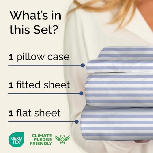 Twin 3 Piece Striped Sheet Set - Soft, Breathable & Cooling - Blue Sky