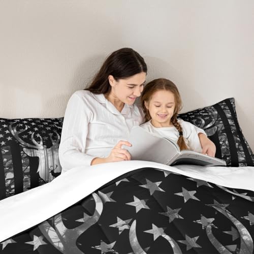 Black Grey Camo Comforter Set Queen,Camouflage American Flag Bedding Set, Deer Antlers Silhouette Quilt Set 3 Pcs for Kids Teens Adults Room Decor,Wild Animal Natural Duvet Insert with 2 Pillowcases