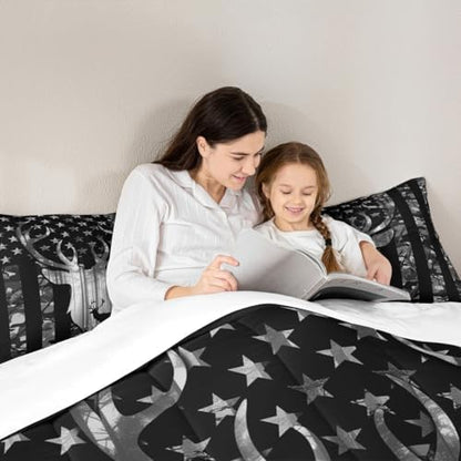 Black Grey Camo Comforter Set Queen,Camouflage American Flag Bedding Set, Deer Antlers Silhouette Quilt Set 3 Pcs for Kids Teens Adults Room Decor,Wild Animal Natural Duvet Insert with 2 Pillowcases
