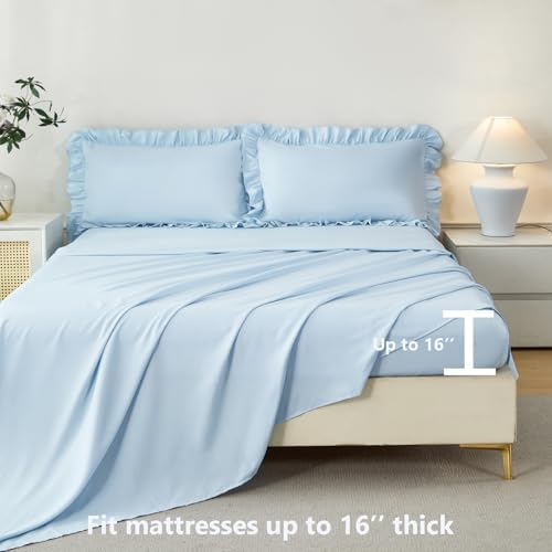 ANGIYUIN Light Blue Ruffled Comforter Set Twin 5Pcs Double-Layer Ruffle Girls Bed in A Bag Soft Lightweight Farmhouse Bed Sets Shabby Fluffy Comforter with Sheets for Kids Girls(Light Blue Twin)