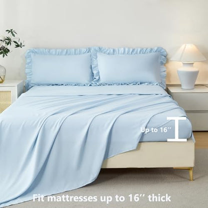 ANGIYUIN Light Blue Ruffled Comforter Set Twin 5Pcs Double-Layer Ruffle Girls Bed in A Bag Soft Lightweight Farmhouse Bed Sets Shabby Fluffy Comforter with Sheets for Kids Girls(Light Blue Twin)
