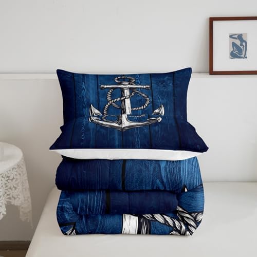 Anchor Nautical Comforter Set Twin,Rustic Farmhouse Style Bedding Set 2pcs for Kid Teen Adults Room Decor,Blue Wooden Board Down Comforter Vintage Maritime Adventure Duvet Insert with 1 Pillowcase