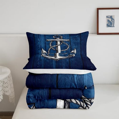 Anchor Nautical Comforter Set Twin,Rustic Farmhouse Style Bedding Set 2pcs for Kid Teen Adults Room Decor,Blue Wooden Board Down Comforter Vintage Maritime Adventure Duvet Insert with 1 Pillowcase