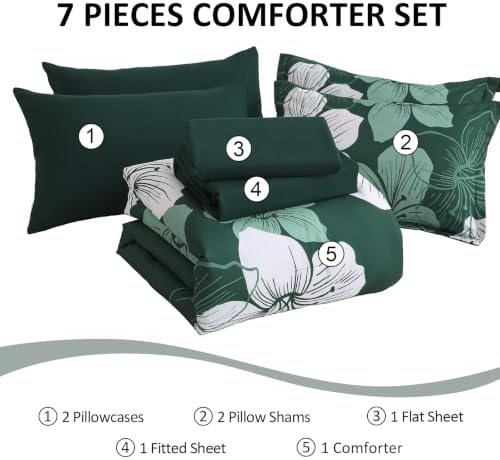 Emerald Green Comforter Set Queen Size, 7 Pieces Floral Bed in a Bag