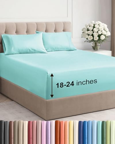 Extra Deep Cal King Sheet Set - 4 Piece Breathable & Cooling - Spa Blue