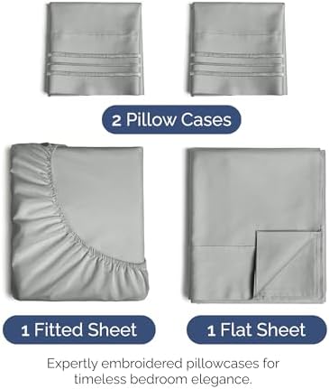 Queen Size 4 Piece Sheet Set - Soft & Cooling Bed Sheets - Light Slate Grey