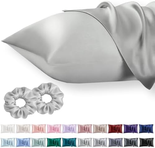 Vielit King Satin Pillowcase for Hair 2pc,Similar to Silk Pillow Cases,Easier Care Than Silk Pillowcase Gifts for Women Men,Silver Grey,20x36 & Envelope Closure and 2 Satin Scrunchies