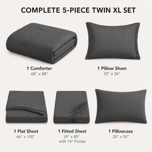 HIMEET Twin XL Comforter Set, 5-Piece Point-Quilted Bed in a Bag, Dark Grey
