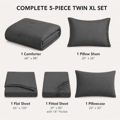 HIMEET Twin XL Comforter Set, 5-Piece Point-Quilted Bed in a Bag, Dark Grey