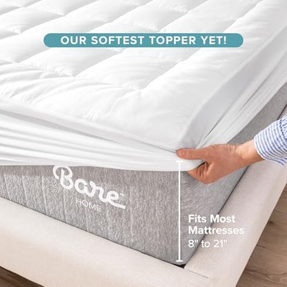 Bare Home Full XL Mattress Cover, White, 100% Cotton Top, Deep Pockets, Machine Washable, Breathable, Down Alternative Fiber Fill