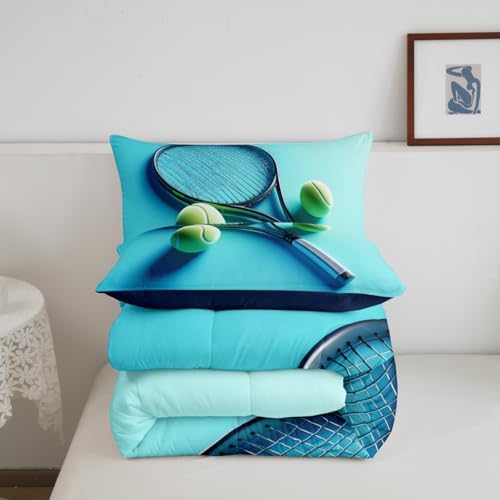 Castle Fairy Tennis Racket Bedding Set King Size Modern Fashion Sports Comforter for Child Teens Tennis Ball Gaming Down Comforter Sport Competition Duvet Insert with 2 Pillowcases