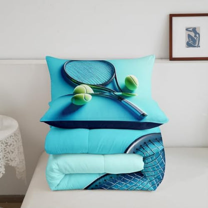 Castle Fairy Tennis Racket Bedding Set Full Size Modern Fashion Sports Comforter for Child Teens Tennis Ball Gaming Down Comforter Sport Competition Duvet Insert with 2 Pillowcases