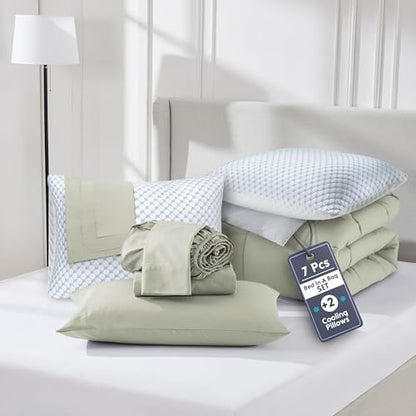 Nestl 9 Piece Full Comforter Set – Light Sage Reversible Bed in a Bag – Complete Full Size Bedding Set with Sheets, Set of 2 Cooling Pillows, Pillowcases and Shams