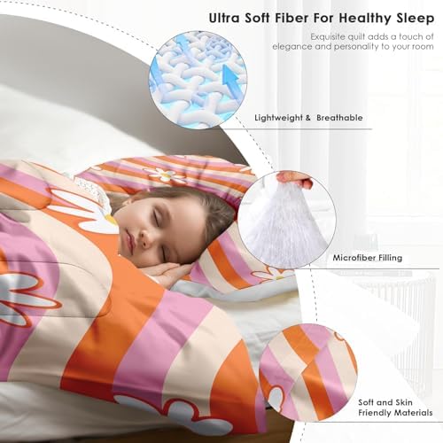 Pamnest Comforter Set King Size, Daisy Retro Orange Soft 3 Pcs Bedding for Kids and Adults, Pink Hippie Aesthetic Comforter Set with 2 Pillowcases, for Bedroom Bed Decor