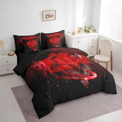Erosebridal Gothic Dragon Dream Catchers Bed in a Bag King Size Comforter Set 7 Pieces,Red Galaxy Bohemian Feather Bedding Sets Antique Animal Pterosaur Sheet Set with Comforter