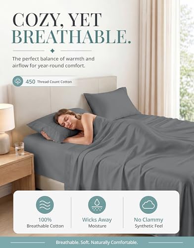 450TC 100% Cotton Full Size Bed Sheets - Smooth Sateen Weave, Charcoal