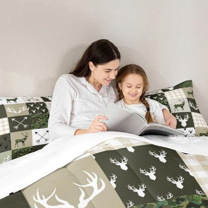 Antler Silhouette Kids Comforter Set Queen Size,Camo Green Rustic Bedding Set,Girls Boys Adults Bedroom/Xmas Decor,Geometric Plaid Patchwork Down Comforter,Arrows Boho Duvet Insert,3pcs,2 Pillowcases