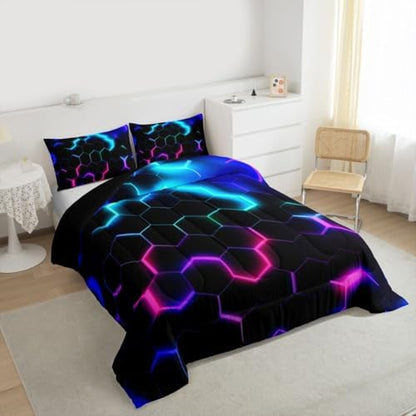 Castle Fairy 3D Honeycomb Comforter Set Queen Size,Hexagon Theme Quilt Set Pink Blue Neon Lights Bedding Set 3pcs,Kids Boys Teen Man Chic Creative Home Duvet Insert with 2 Pillowcases,Black