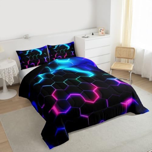 Castle Fairy Honeycomb Bedding Set King Size,Neon Purple Blue Hexagon Comforter Quilt Set 3pcs,Kids Boys Teen Man Bedroom Decor Fashion Gamer Quilted Duvet 2 Pillowcases,Black