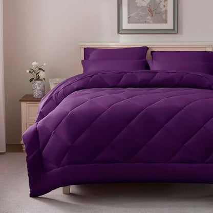 ELNIDO QUEEN® Full Comforter Set Purple- 7 Pieces Bed in a Bag Full Size, Bed Set for All Seasons, Ultra Soft Bedding Sets with Comforter, Flat Sheet, Fitted Sheet, Pillowcases and Pillow Shams