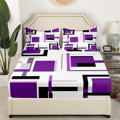 Feelyou Square Bed Sheets Purple Black White Sheet Set for Kids Boys Girls Modern Geometric Grid Bed Set Simple Graphic Decor Sheets with 2 Pillowcases 4Pcs Bedding Full