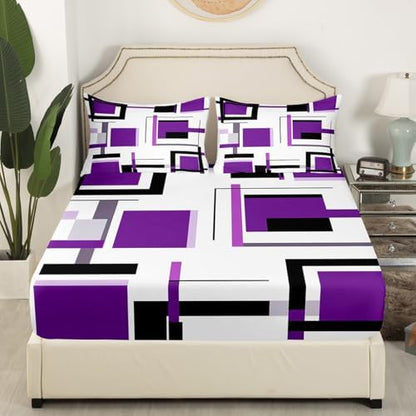 Feelyou Square Bed Sheets Purple Black White Sheet Set for Kids Boys Girls Modern Geometric Grid Bed Set Simple Graphic Decor Sheets with 2 Pillowcases 4Pcs Bedding Full