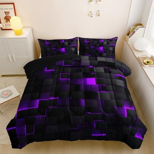 Nttopship Neon Purple Black Comforter Set Twin Geometric Kids Bedding Set,3 PCS Geometry Honeycomb Bed Set Modern Quilt Set 1 Comforter 2 Pillow Cases Cool Room Decor All Season B-Side Black