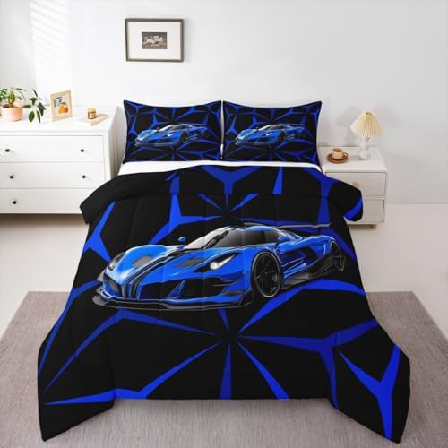 Castle Fairy Blue Race Car Comforter Set Twin Size,Abstract Geometric Line Theme Breathable Bedding Set,Kids Adults Room Decor,Extreme Sport Theme Racing Car Microfiber Duvet Insert,1 Pillowcase