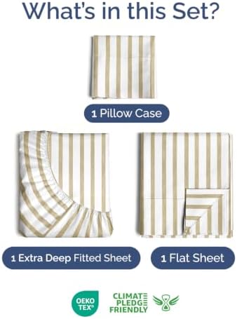 Extra Deep Pocket Twin XL Sheet Set - Breathable & Cooling - Beige Stripes