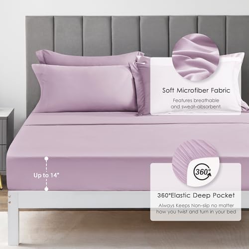 Love's cabin King Size Comforter Set Light Purple, 7 Pieces King Bed in a Bag, All Season Bedding Sets with 1 Comforter, 1 Flat Sheet, 1 Fitted Sheet, 2 Pillowcase and 2 Pillow Sham