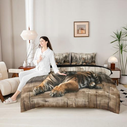 Erosebridal 3D Tiger Full Comforter Set with Sheets 7 Piece Wild Animals Bed in A Bag Natural Hunting Wildlife Bedding Sets for Women Adults Vintage Woodland Forest Bed Set