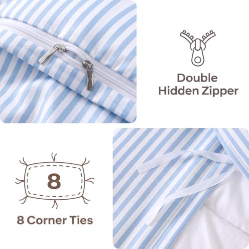 Bedbay Blue Striped King Size Duvet Cover Set, 100% Cotton 300TC Sateen, Light Blue Fine Stripe Bedding, Soft Smooth Breathable Coastal Sateen Set, 3 Pieces
