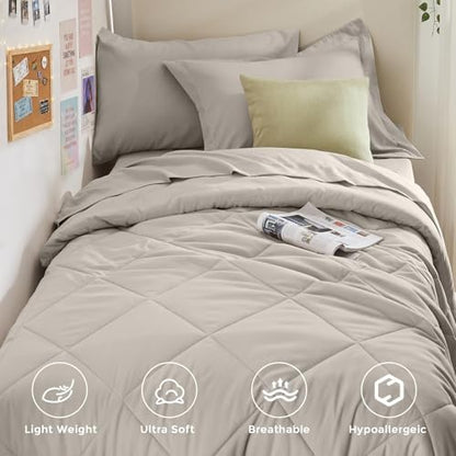 HEVUMYI 5-Piece Twin Comforter Set, Oatmeal Bed in a Bag