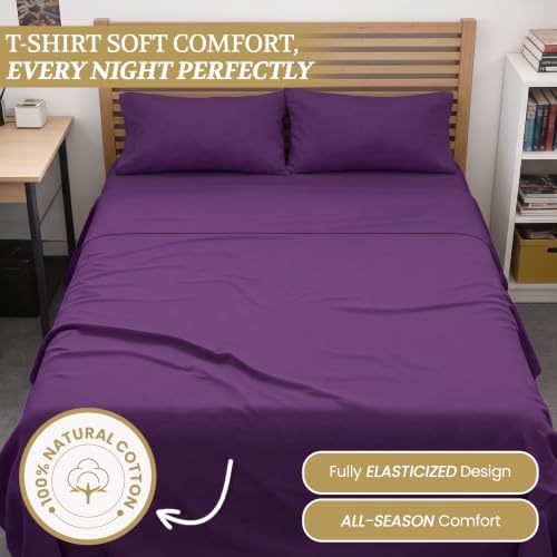Full XL 100% Cotton Jersey Knit Sheet Set, 4PC, 15" Deep Pocket, Plum