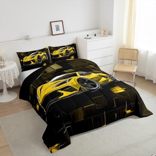 Erosebridal Race Car Bedding Set Queen Size Yellow Racing Car Comforter Set for Kids Boys Teens 3 Pieces 3D Square Bedding Comforter Sets Speed Sports Car Geometric Down Comforter