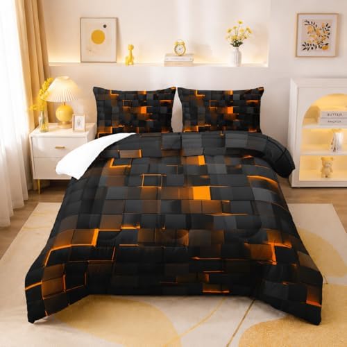Nttopship Geometric Yellow Black Comforter Set,Light Honeycomb 3 Piece Bedding Set Twin Size for Teen Boys,Modern Quilt Set Geometry Decor,Microfiber Lightweight 1 Comforter 2 Pillowcases All Season