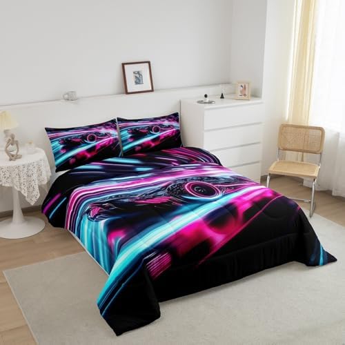 Pink Race Car Queen Size Comforter Set for Boys,Glitter Ombre Striped Lines Bedding for Kid,Neon Cool Speed Racing Car Comforter,Futuristic Sci-Fi Extreme Sports Game Bedding Sets for Boys Room Cecor